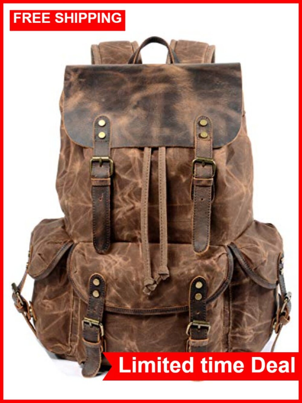 Waxed Canvas Leather Backpack Mens Travel Rucksack Laptop Daypack